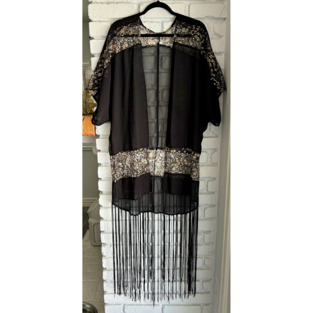 Long Black Kimono with gold detailed lace insets and fringe